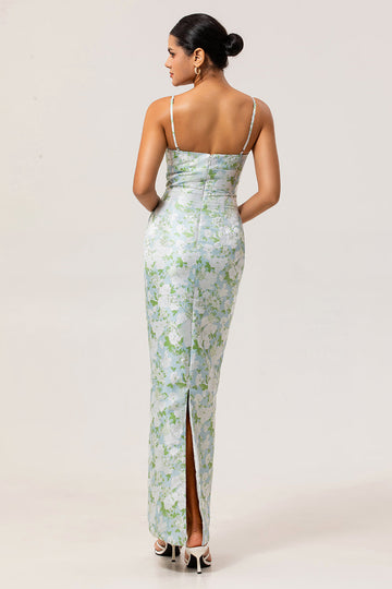 Robe de demoiselle d’honneur en fourreau imprimé bleu blanc à bretelles florales